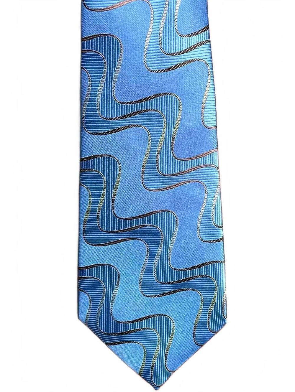Men's Blue Silk Handmade Tie with Abstract Wave Pattern